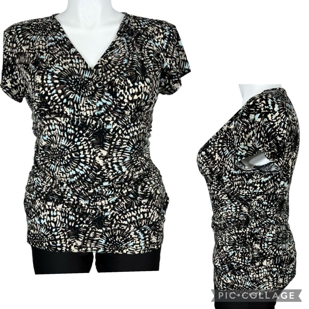 Relativity Womens Blouse Top Floral Print Ruched Sides Short Sleeve Pullover XL